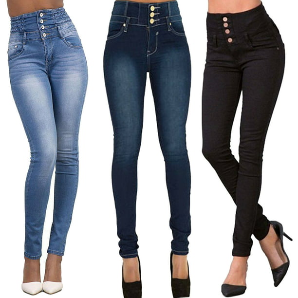 Women Denim Skinny Pants High Waist Stretch Acid Wash Jeans Slim Pencil Trousers